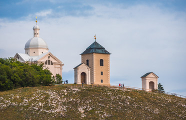 Fototapeta na wymiar Svaty Kopecek, Holly Hill with White Chapel (St. Sebastian Chapel) in Mikulov, Czech Republic