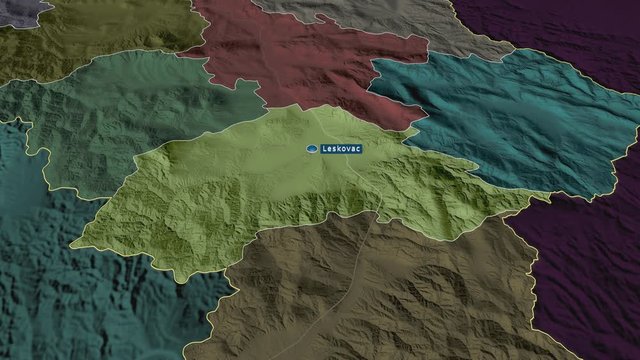 Jablanički - district of Serbia with its capital zoomed on the administrative map of the globe. Animation 3D