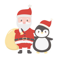 santa with bag and penguin celebration merry christmas