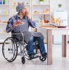 Young disabled husband preparing food salad