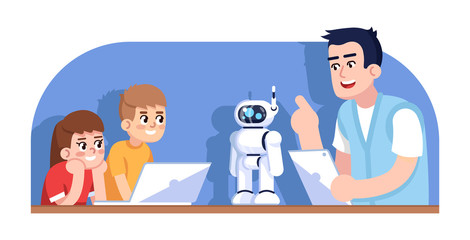 Robotics courses for children flat vector illustration. Droid programming for kids. After school club. Teacher and little students on computer science lesson cartoon characters