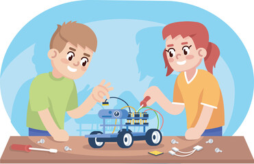 Boy and girl assembling robot car flat vector illustration. Automated constructor kit for children. After school club. Robotics courses for youngsters. Kids creating electronic toy cartoon characters