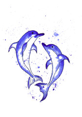 Dolphins jump in the waves brush ink sketch handdrawn serigraphy print. Stamp