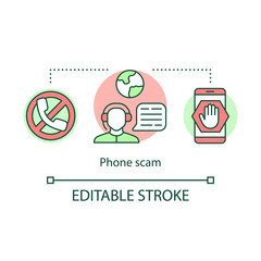 Phone scam icon. Telephone fraud incident idea thin line illustration. Unknown mobile number calls. Tricking and deceiving. Suspicious messages. Vector isolated outline drawing. Editable stroke