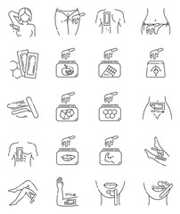 Waxing linear icons set. Female, male hair removal procedure. Cold, hot wax in jar with spatula. Depilation equipment. Thin line contour symbols. Isolated vector outline illustrations. Editable stroke