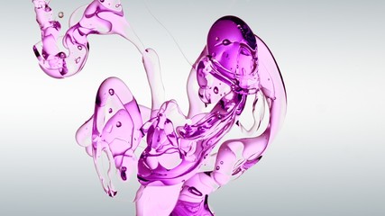 transparent purple,  pink, violet oil bubbles and fluid shapes in purified water on a white gradient background. Side angle with crystal colored bubbles in purified water cosmetic backdrop with copy s