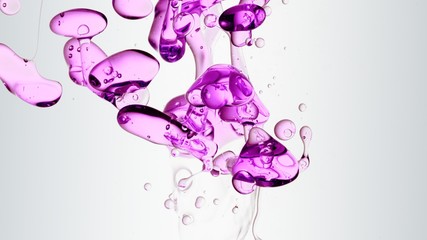 transparent purple,  pink, violet oil bubbles and fluid shapes in purified water on a white gradient background. Side angle with crystal colored bubbles in purified water cosmetic backdrop with copy s