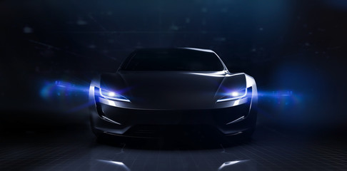 Obraz na płótnie Canvas Futuristic sports car on dark technology backgorund (3D Illustration)