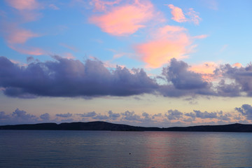 Sunset over the Bay of Navarino in Gialova near Pylos in Messenia, Greece