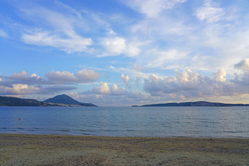 Sunset over the Bay of Navarino in Gialova near Pylos in Messenia, Greece