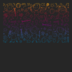 creative kids dancing, sing, playing football, playing guitar, violin, making models from paper. Gradient drawing on blackboard.