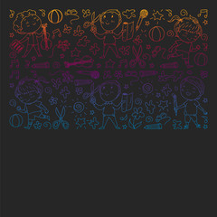 creative kids dancing, sing, playing football, playing guitar, violin, making models from paper. Gradient drawing on blackboard.