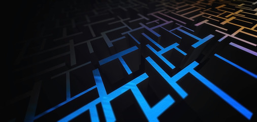3d rendering with a depth of field colorful maze in the dark.