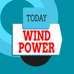 Text sign showing Wind Power. Business photo text use of air flowto provide mechanical power to turn generators Blank banner rectangle square above semicircle down Geometrical background