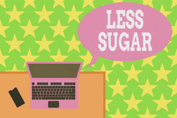 Handwriting text Less Sugar. Conceptual photo Lower volume of sweetness in any food or drink that we eat Upper view office working place laptop lying wooden desk smartphone side