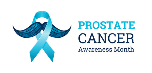 Prostate cancer awareness ribbon with moustaches. Men health symbol. Men cancer prevention in November month. Blue color concept. Engraved, 3d cartoon vector illustration isolated on white background
