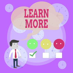 Writing note showing Learn More. Business concept for Deepen knowledge of the thing you want to do or new skill White Questionnaire Survey Choice Satisfaction Green Tick