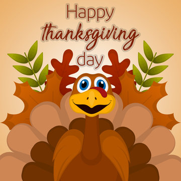 Happy thanksgiving day card with a turkey cartoon and leaves - Vector
