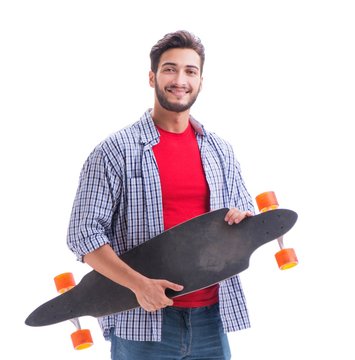 Young skateboarder with a longboard skateboard isolated on white
