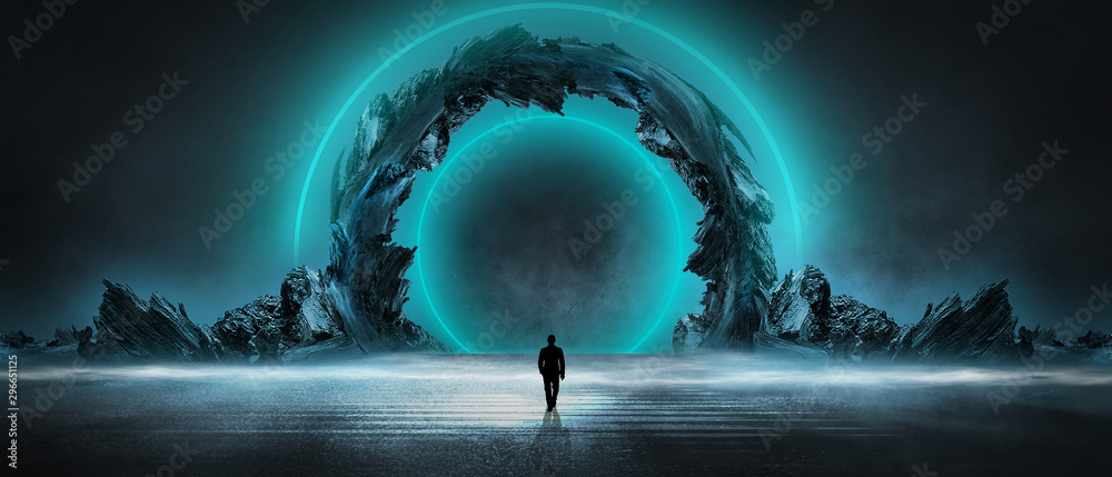 Wall mural modern futuristic abstract background. large object in the center, space background. dark scene with
