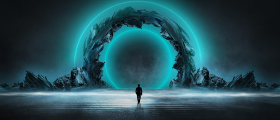  Modern futuristic abstract background. Large object in the center, space background. Dark scene with neon light.