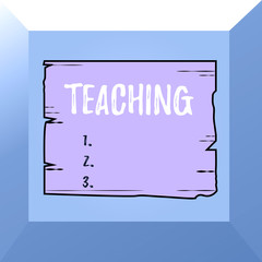 Conceptual hand writing showing Teaching. Concept meaning Act of giving information, explaining one subject to a demonstrating Wooden plank slots grooves wood panel colored board lumber