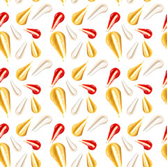 Seamless pattern. Sauces, including ketchup, mustard mayonnaise on white background