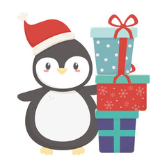 cute penguin with pile gifts celebration merry christmas