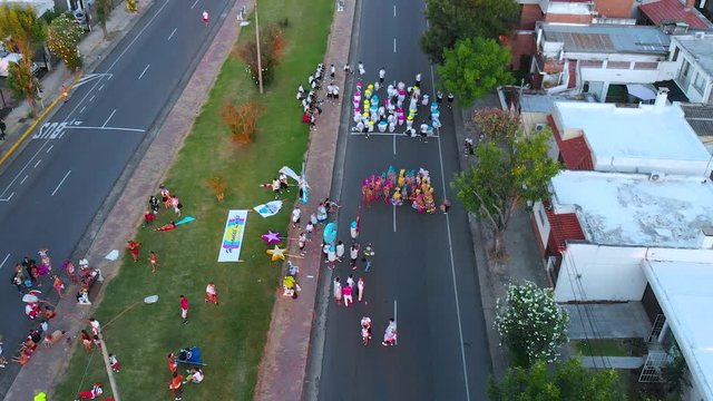 Carnival, Parade (Colonia del Sacramento, Uruguay) aerial view, drone footage