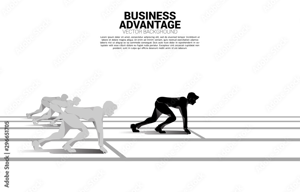 Poster business concept of competition and business advantage. silhouette of businessman ready to run from 