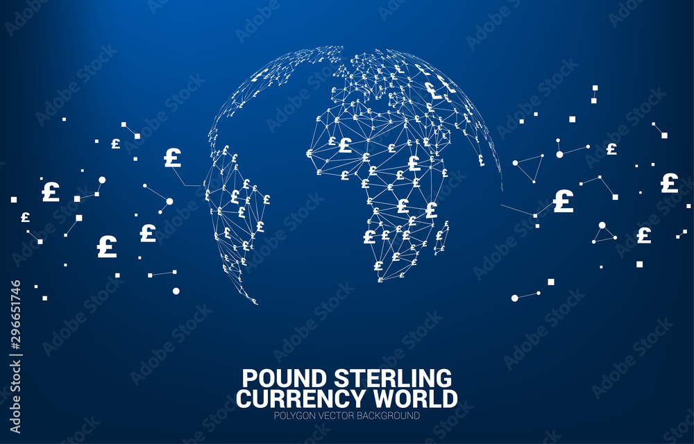 Poster world globe with money pound sterling currency icon polygon dot connected line. concept for financia