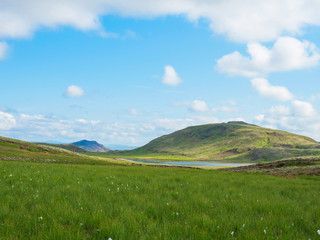 Fototapeta premium Blue lake, lush green grass meadow and hills at Reykjadalur hot springs area, South Iceland near Hveragerdi city. Summer sunny morning, blue sky.
