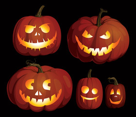 Pumpkin jack skeleton face vector set. Halloween pumpkins isolated. Realistic orange pumpkin.