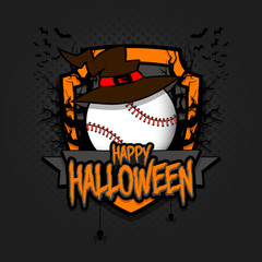 Naklejka premium Baseball ball with witch hat and happy Hallowen