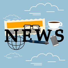 Newspaper with a coffee cup, smartphone, glasses and a pen. News concept- Vector