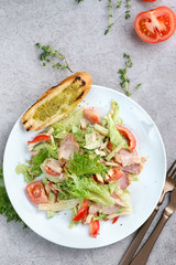 salad with chicken, tomatoes and bruschetta