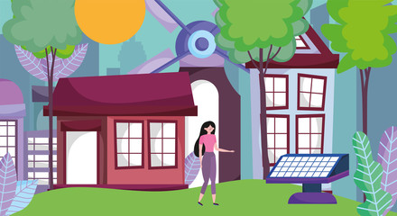 Obraz na płótnie Canvas woman energy ecology solar panel wind turbine sun field