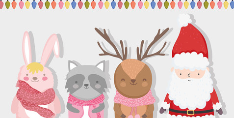 Obraz na płótnie Canvas cute santa reindeer raccoon and bunny lights garland merry christmas card