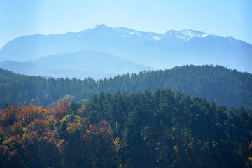 View of the peaks of the Carpathian mountains in autumn, Romania
