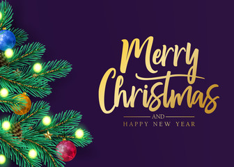 Merry Christmas and Happy New Year Holiday Greeting Decorative Postcard Design with Realistic Looking Christmas Tree Branches, Balls, Stars, Lights and Pine Cones in Purple Background