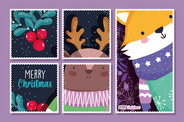 fox and deer with scarf holly berry decoration merry christmas cards