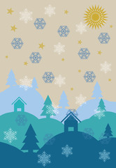 winter landscape with houses and trees snowflakes christmas