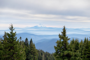 View of Mt. Jefferson from Mt. Hood with beautiful layers of misty mountains in between