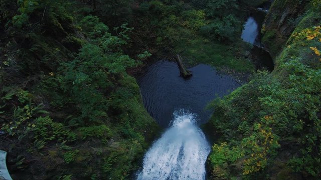Over Bridge Ledge Perspective on Multnomah Falls Waterfall in Columbia River Gorge