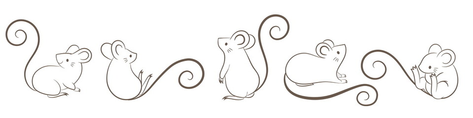 Set of hand drawn rats, mouse in different poses on white background. Vector illustration, cartoon doodle style.