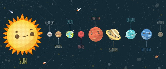 Set of Universe, Solar system planet and space element on universe background. Vector illustration in cartoon style. - obrazy, fototapety, plakaty