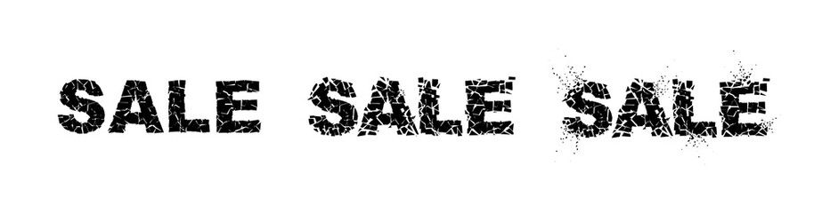 set of exploding text SALE with debris. Isolated black inscription on white background. Concept, template for sale. 3d effect of particles. Vector illustration EPS 10