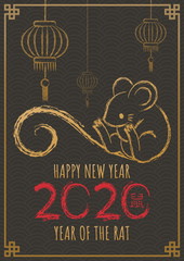 Happy chinese new year 2020, Year of the rat. Hand drawn Calligraphy Rat. Vector illustration. Translation: Happy chinese new year, Rat.