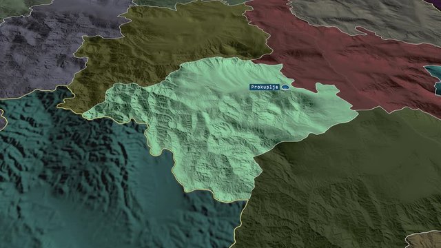 Toplički - district of Serbia with its capital zoomed on the administrative map of the globe. Animation 3D