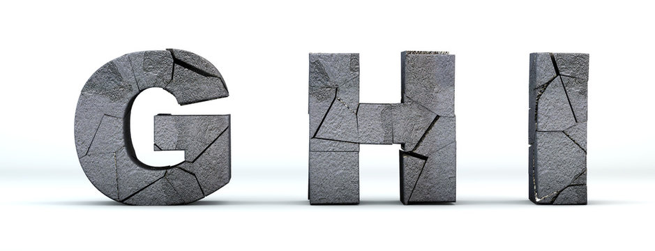  Font broken. Letters G, H, I, cracked 3d render. Isolated on white background. Path save.